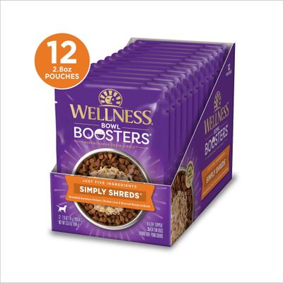 Show full view: Wellness Bowl Boosters Simply Shreds Chicken Liver & Broccoli Natural Grain-Free Wet Dog Food Mixer or Topper, 2.8-oz pouch, case of 12 slide 3 of 10