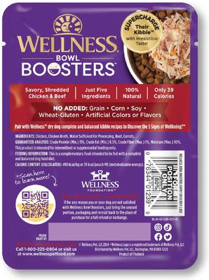 Show full view: Wellness Bowl Boosters Simply Shreds Chicken, Beef & Carrots Natural Grain-Free Wet Dog Food Mixer or Topper, 2.8-oz pouch, case of 12 slide 4 of 10