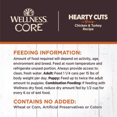 Show full view: Wellness CORE Hearty Cuts in Gravy Chicken & Turkey Recipe Grain-Free Canned Dog Food, 12.5-oz, case of 12 slide 6 of 9