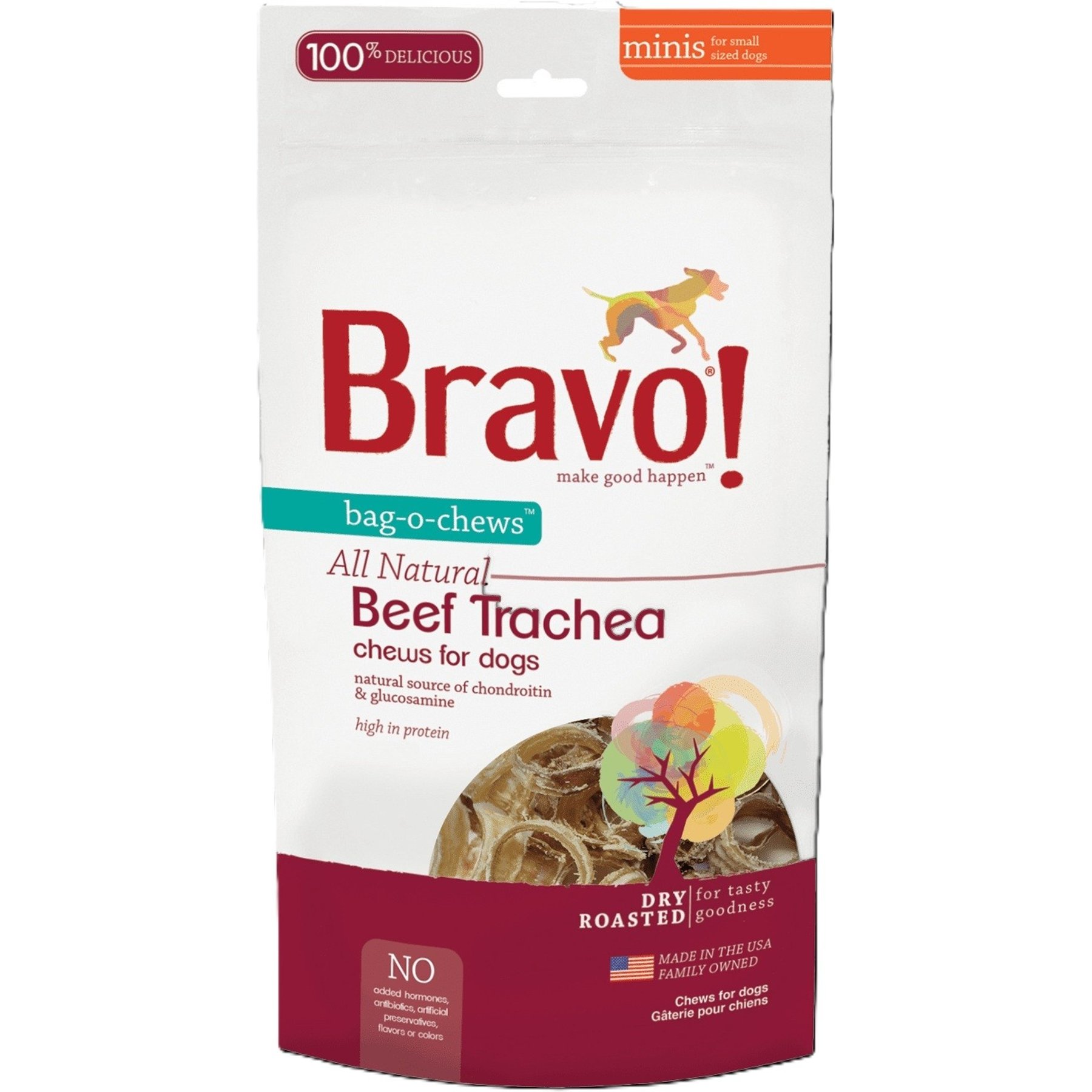 Bravo! Bag-O-Chews Beef Trachea Minis Single Ingredient Dry-Roasted Dog Chew Treats, 7-oz bag