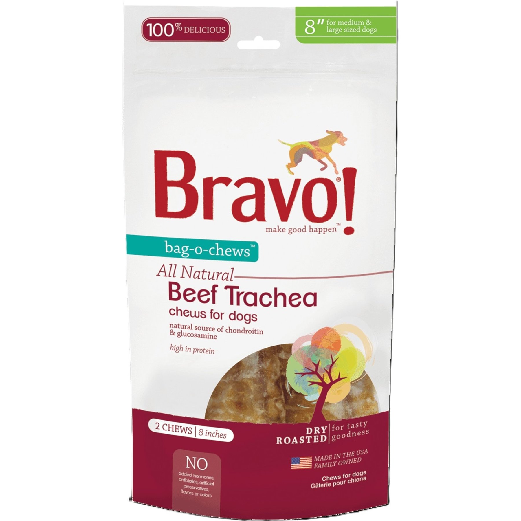 Bravo!-O-Chews 8" Beef Trachea Chews Dry-Roasted Dog Treats, 2 pack