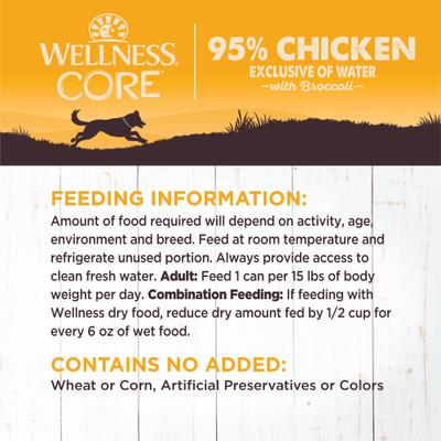 Show full view: Wellness CORE 95% Grain-Free Chicken & Broccoli Canned Dog Food, 12.5-oz, case of 12 slide 7 of 9