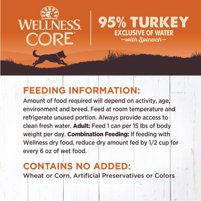 Show full view: Wellness CORE 95% Grain-Free Turkey & Spinach Canned Dog Food, 12.5-oz, case of 12 slide 6 of 8
