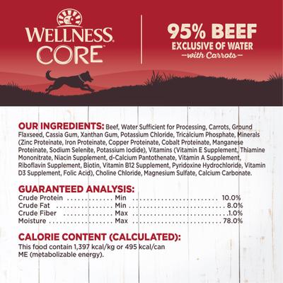 Show full view: Wellness CORE 95% Grain-Free Beef & Carrots Canned Dog Food, 12.5-oz, case of 12 slide 5 of 8