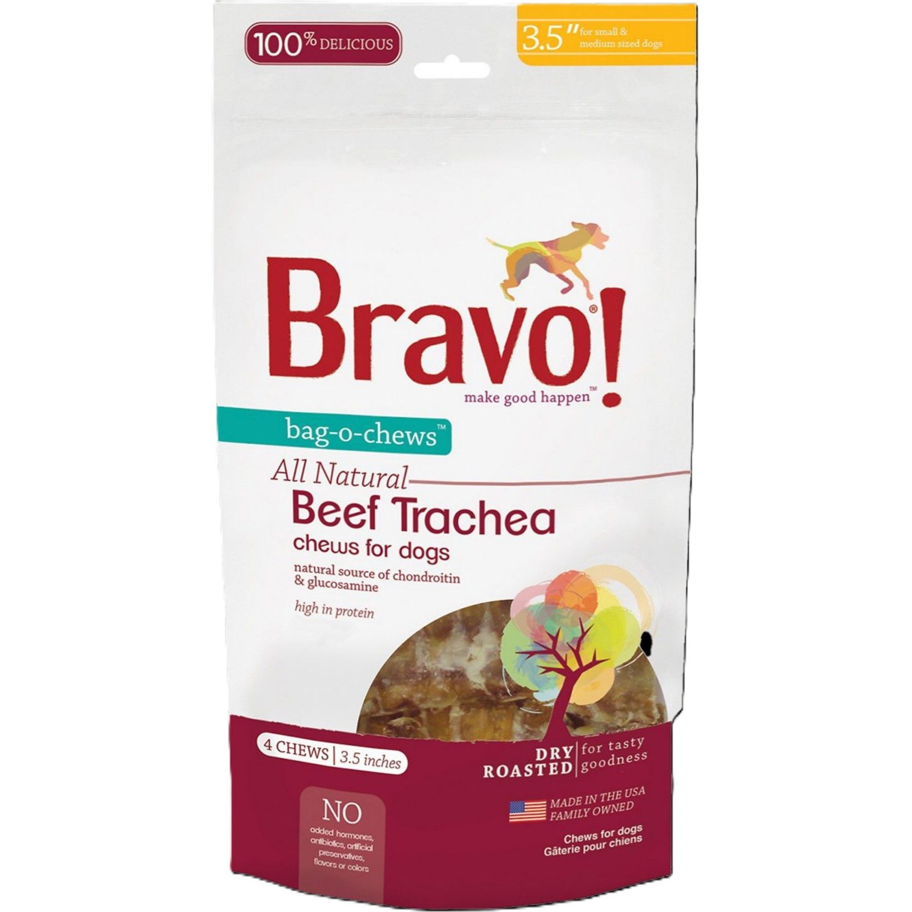 Bravo! Bag-O-Chews 3.5" Beef Trachea Dog Treats, 3.5-in chew, 4 pack