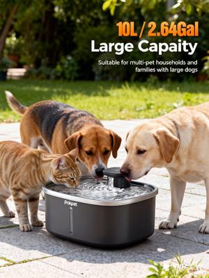 Show full view: Pokpet Stainless Steel Dog & Cat Water Fountain, Black, 2.6-gal slide 3 of 12