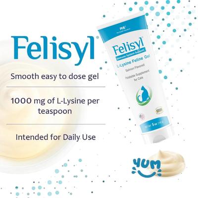Show full view: Felisyl L-Lysine Gel Salmon Flavored Immune System Support Healthy Tissue, Respiratory, & Vision Supplement for Cats, 5-oz tube slide 6 of 12