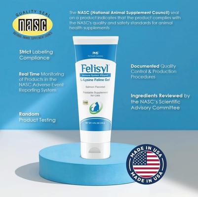 Show full view: Felisyl L-Lysine Gel Salmon Flavored Immune System Support Healthy Tissue, Respiratory, & Vision Supplement for Cats, 5-oz tube slide 9 of 12