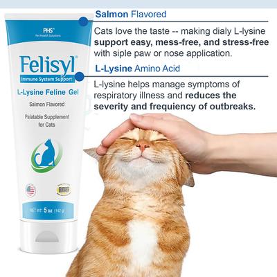 Show full view: Felisyl L-Lysine Gel Salmon Flavored Immune System Support Healthy Tissue, Respiratory, & Vision Supplement for Cats, 5-oz tube slide 4 of 12