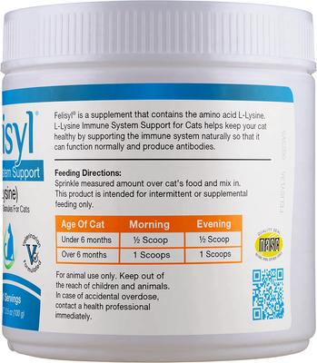 Show full view: Felisyl L-Lysine Granules Immune System Support, Salmon Flavor for Cats, 3.5-oz jar slide 4 of 12