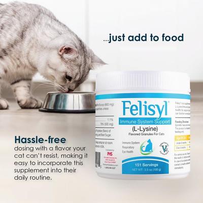 Show full view: Felisyl L-Lysine Granules Immune System Support, Salmon Flavor for Cats, 3.5-oz jar slide 5 of 12