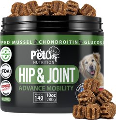 Pet Chef Canine Arthritis Pain Relief Vegan Bacon Flavored Soft Chew Hip Joint Mobility Supplement for Dogs, 10-oz jar, 140 count