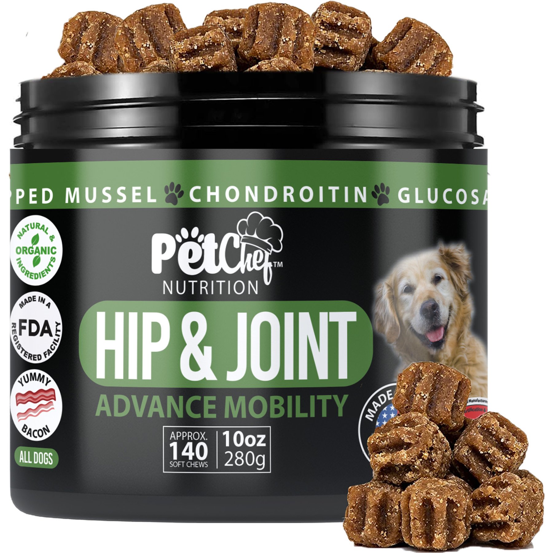 Pet Chef Canine Arthritis Pain Relief Vegan Bacon Flavored Soft Chew Hip Joint Mobility Supplement for Dogs, 10-oz jar, 140 count