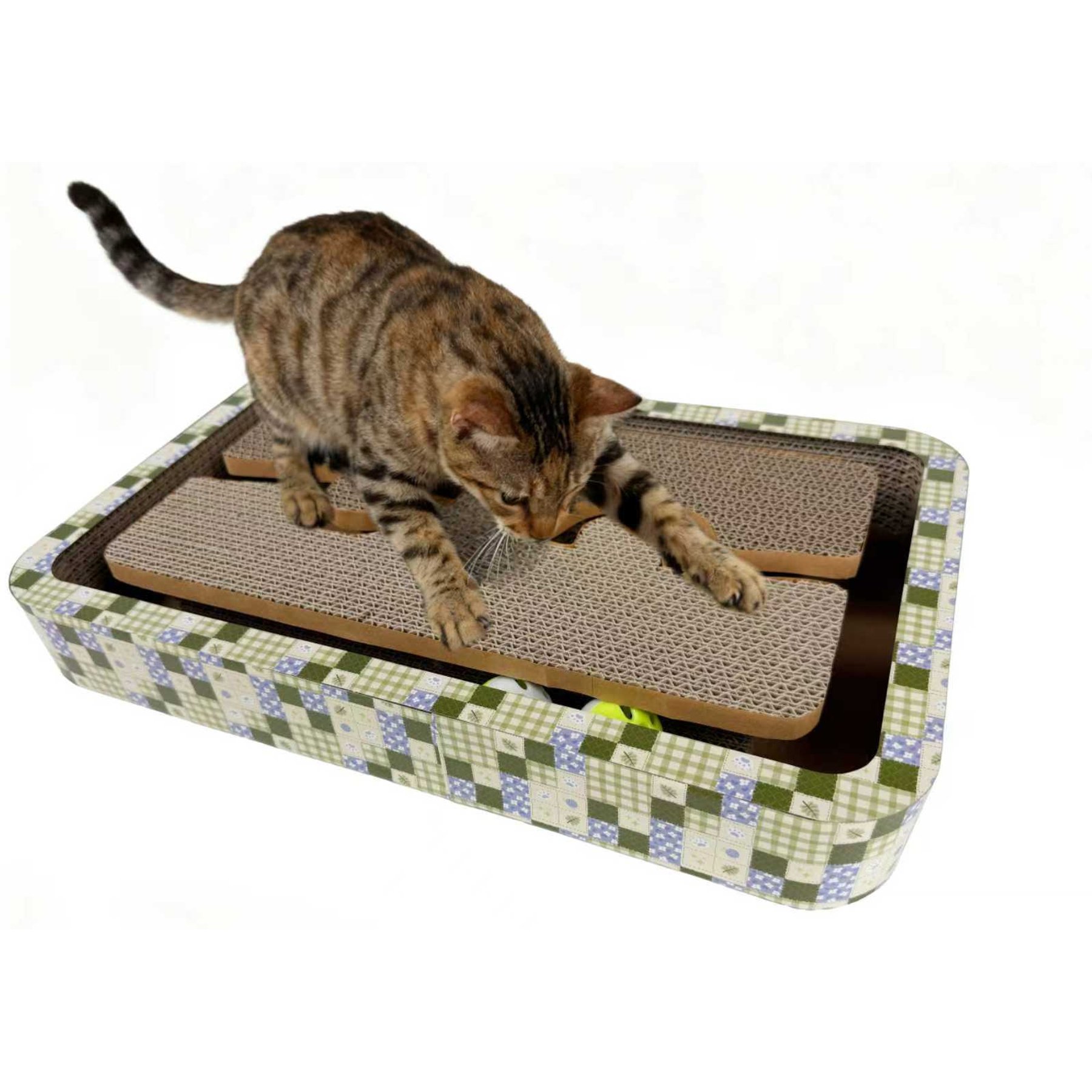 Tugzelle Patchwork Maze Cat Scratcher Toy with Catnip, Green, 17 x 11 x 2.25-in