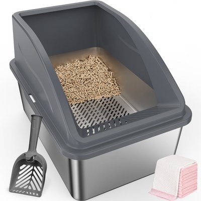 JOEJOY JOEJOY Stainless Steel Sifting Pine Pellets Cat Litter Box, 23 x 16 x 14-in, Dark Gray