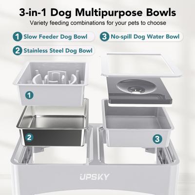Show full view: UPSKY 3-in-1 Stainless Steel Slow Feeder Elevated Dog Bowl, White slide 4 of 10
