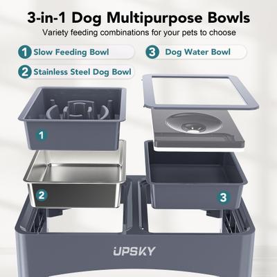 Show full view: UPSKY 3-in-1 Stainless Steel Slow Feeder Elevated Dog Bowl, Blue slide 4 of 10