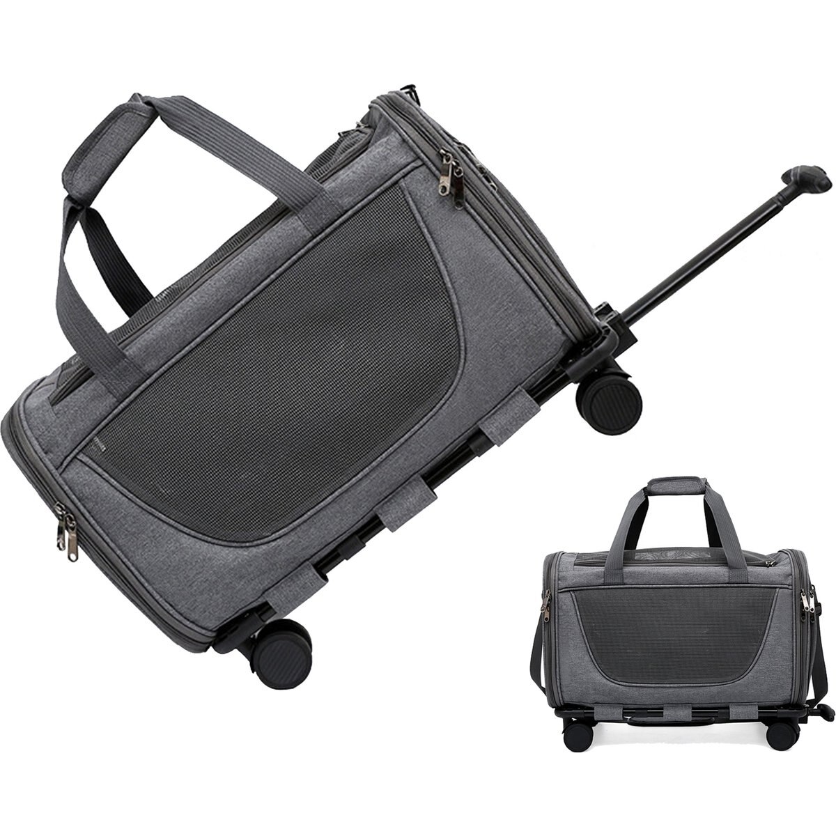 DOPZER Rolling Travel Carriers with Removable Wheels & Telescopic Handle for Medium/Large Cats & Small Dog, Grey, 18.5 x 11.8 x 11.8-in