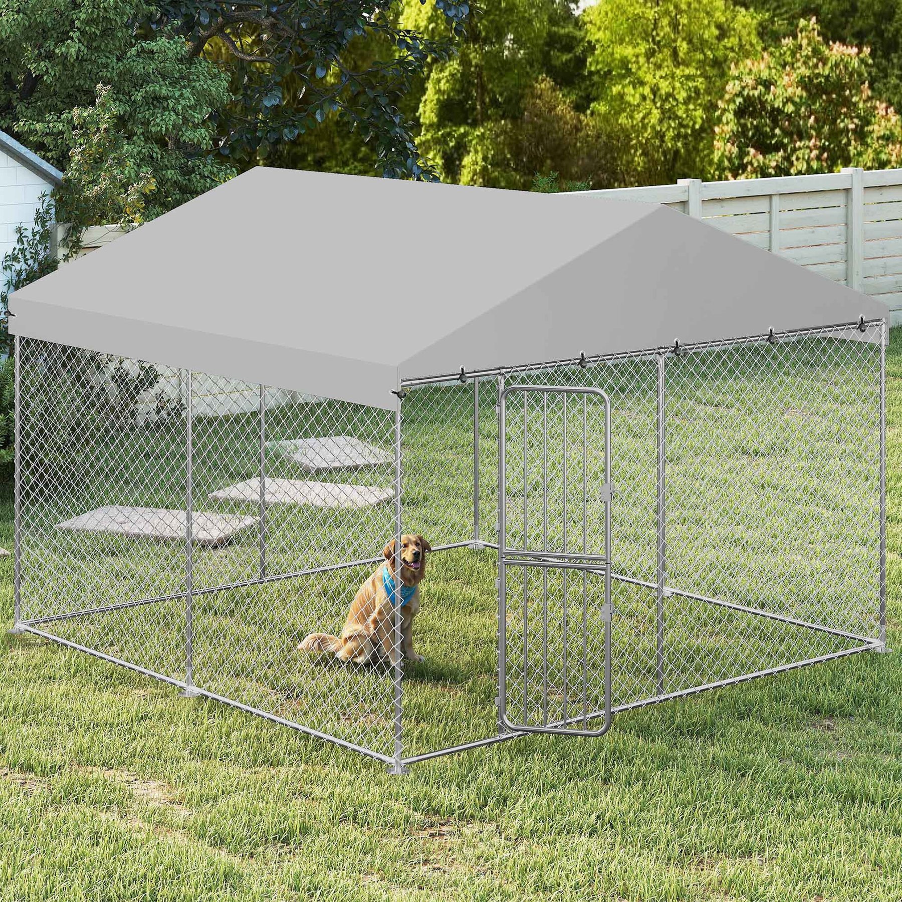 Yitahome Outdoor Heavy Duty Playpen Cage Enclosure Dog Run Kennel with Waterproof Cover Steel, Silver, 10 x 10-ft