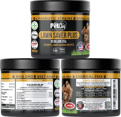 Show full view: Pet Chef Lawn Saver Vegan Bacon! Canine Urine Yard Burn Stopper Bacon Flavored Soft Chew Urinay Support Supplement for Dogs, 10-oz jar slide 3 of 9