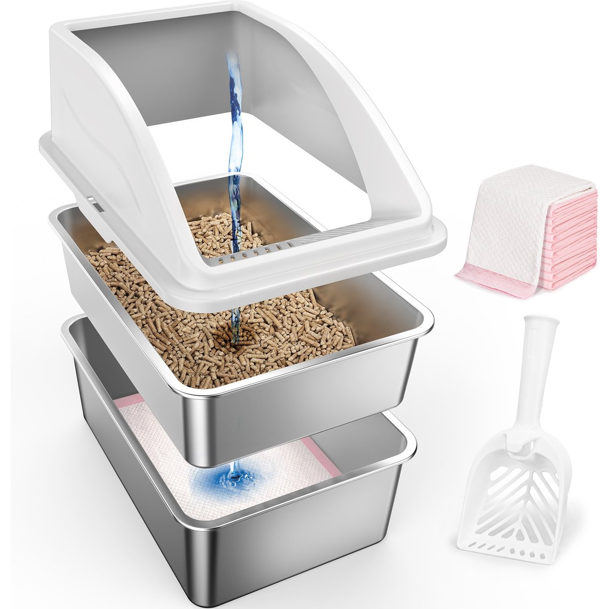 JOEJOY Stainless Steel Sifting Pine Pellets Cat Litter Box, 23 x 16 x 14-in, Silver Gray