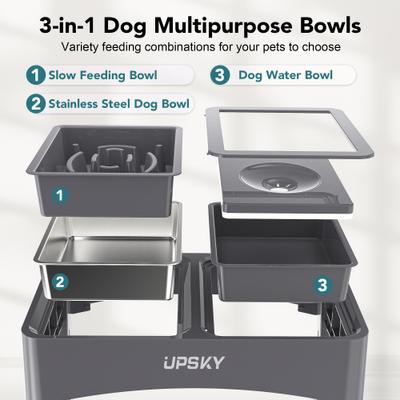 Show full view: UPSKY 3-in-1 Stainless Steel Slow Feeder Elevated Dog Bowl, Grey slide 4 of 10