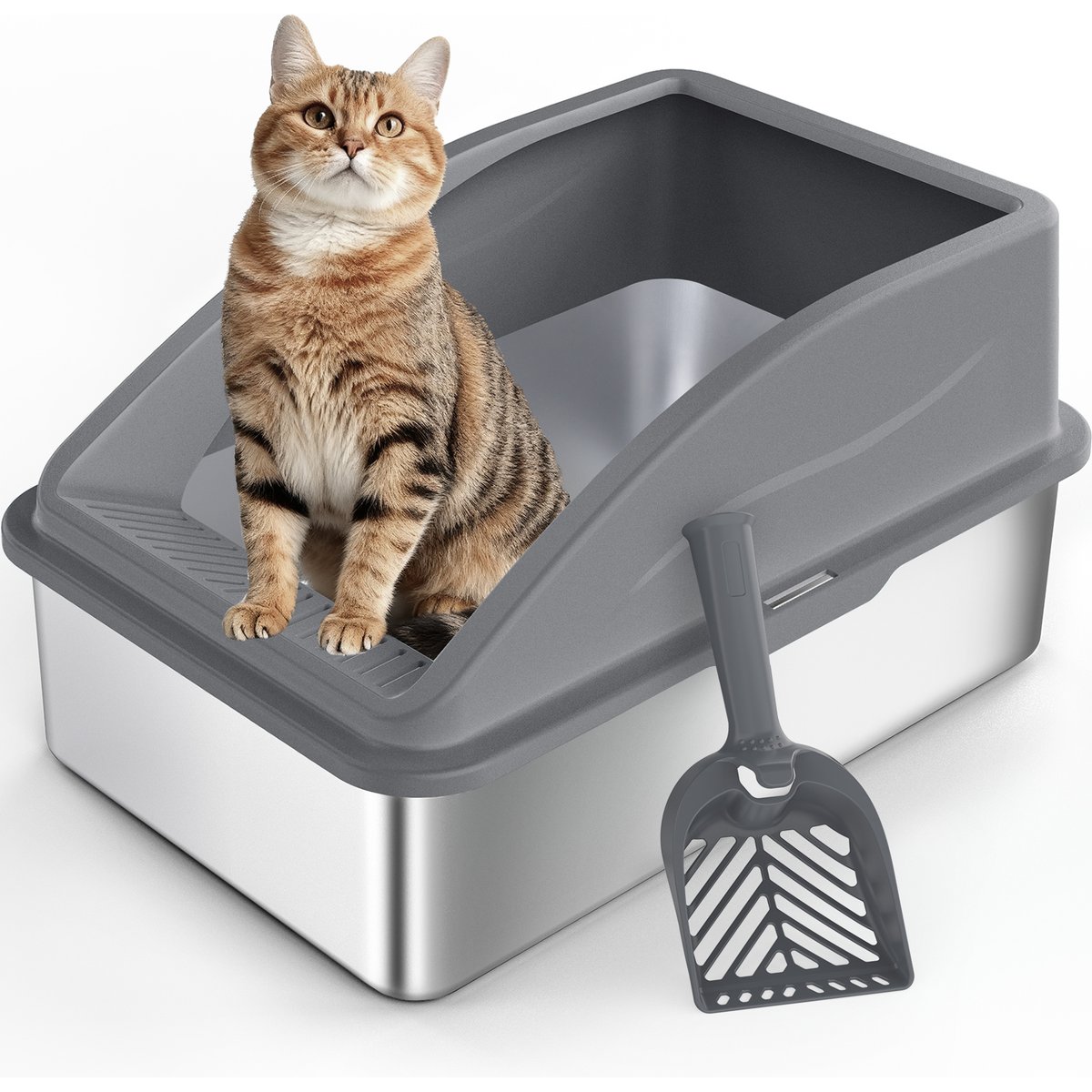 MIXJOY Open Top Stainless Steel Cat Litter Box with Scoop, Dark Grey