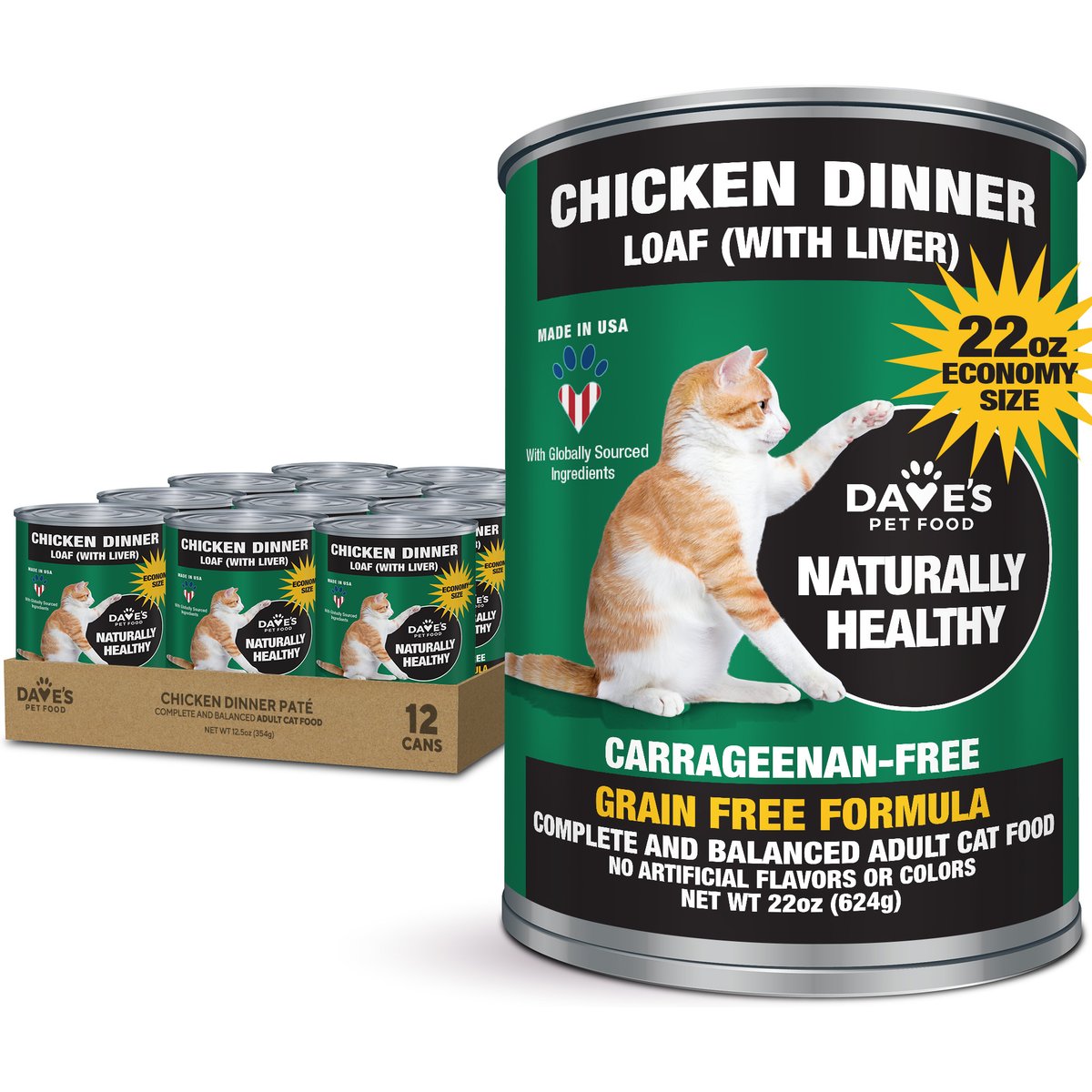 Dave's Pet Food Naturally Healthy Chicken Dinner Formula Pate Grain-Free Canned Wet Cat Food, 22-oz can, case of 12