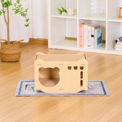 Xbrigh Wooden Scratching Pad on Top Cat House with Panda-Shaped Opening Design, Yellow, Small