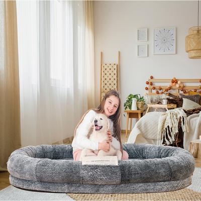 Show full view: Xbrigh No-Assembly Design Washable Plush Faux Fur Adult Dog Bed with Side Pockets & Handle, Gray, Jumbo slide 3 of 9