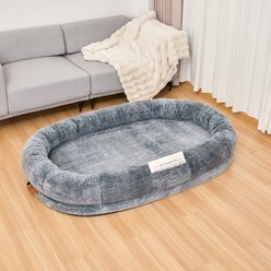 Xbrigh No-Assembly Design Washable Plush Faux Fur Adult Dog Bed with Side Pockets & Handle, Gray, Jumbo