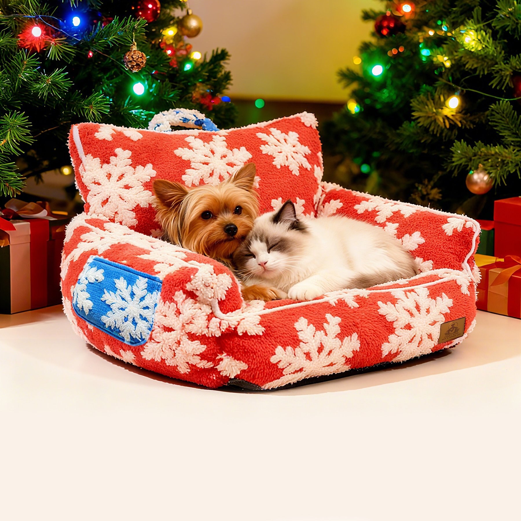 Xbrigh Christmas Jacquard Plush Winter Cat Bed with removable washable cover & Inner lining, Red, Small