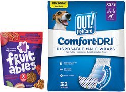 OUT! Disposable Male Dog Wraps, Extra Small/Small: 13 to 18-in waist, 32 count + Fruitables Crispy Bacon & Apple Flavor Dog Treats