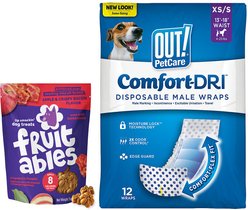OUT! Disposable Male Dog Wraps, Extra Small/Small: 13 to 18-in waist, 12 count + Fruitables Crispy Bacon & Apple Flavor Dog Treats