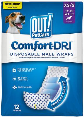 Show full view: OUT! Disposable Male Dog Wraps, Extra Small/Small: 13 to 18-in waist, 12 count + Fruitables Crispy Bacon & Apple Flavor Dog Treats slide 6 of 9
