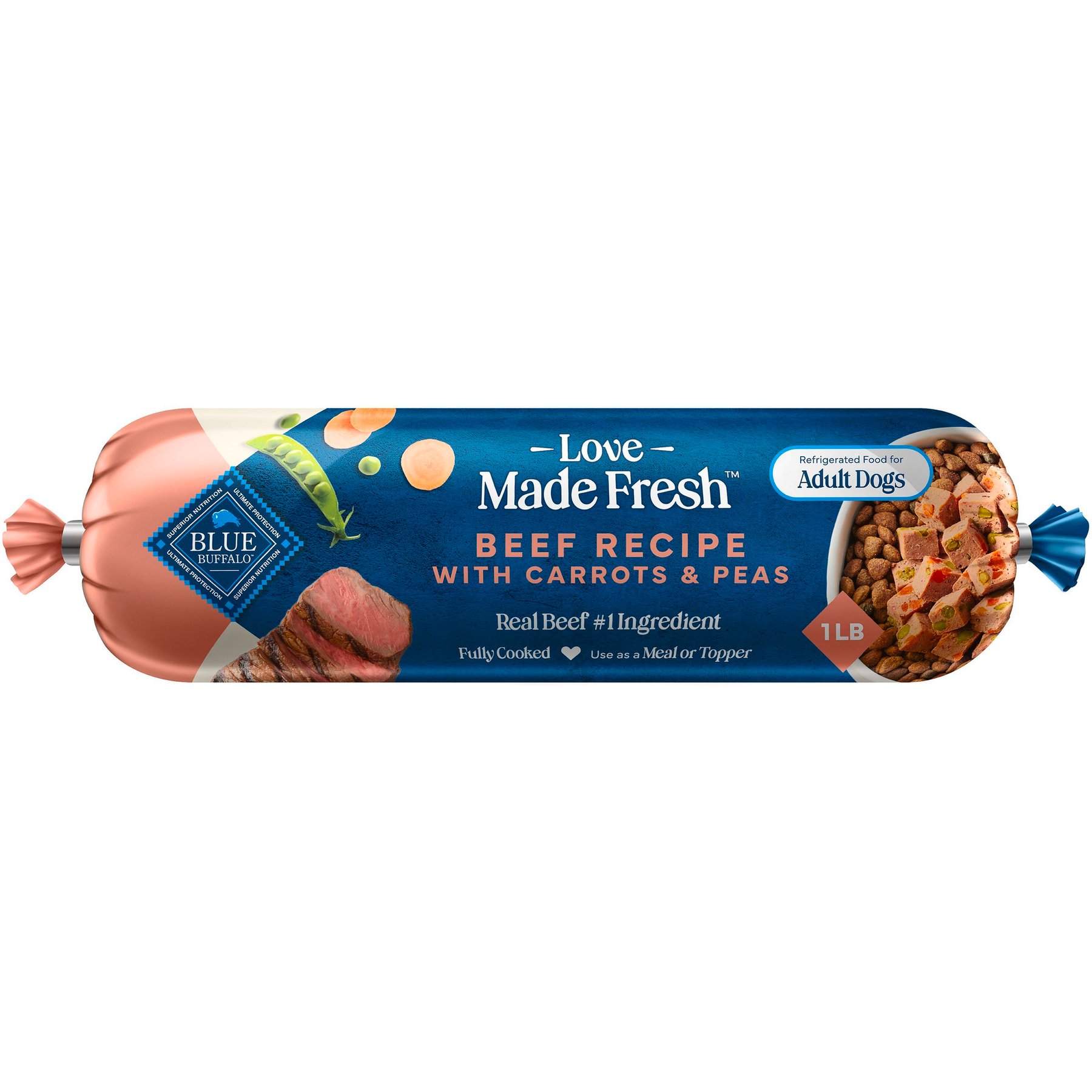 Blue Buffalo Love Made Fresh Beef with Carrots & Peas Fresh Refrigerated Dog Food, 1-lb roll, case of 6