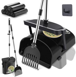 UPSKY 33.4-in Stainless Steel Odor-Proof Lid Long Handle Heavy Duty Dog Pooper Scooper Swivel Bin & Rake Kit with 100 Waste Bags, Black