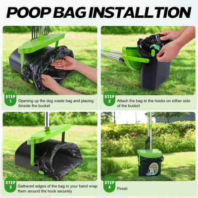 Show full view: UPSKY 33.4-in Stainless Steel Odor-Proof Lid Long Handle Heavy Duty Dog Pooper Scooper Swivel Bin & Rake Kit with 100 Waste Bags, Green slide 6 of 8