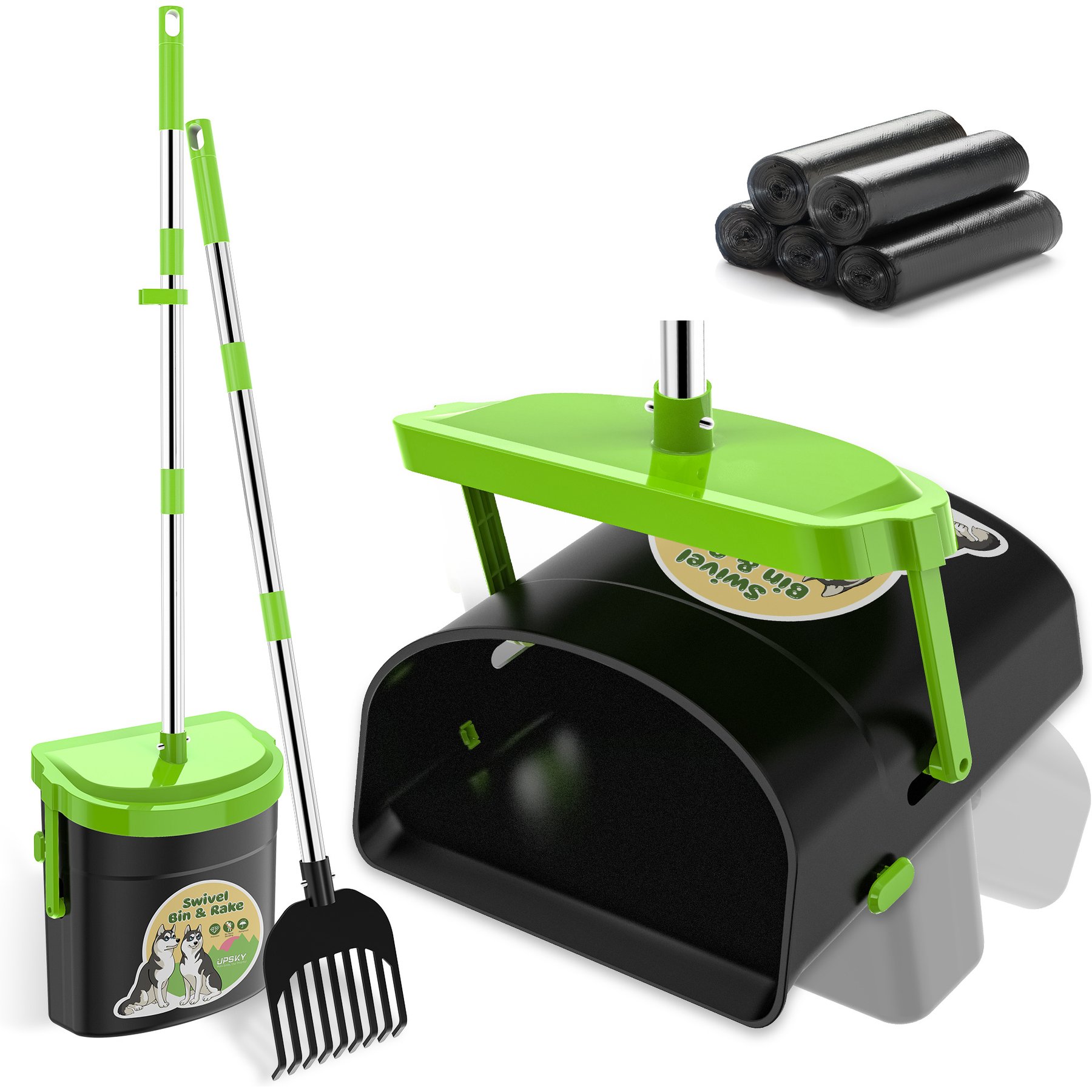 UPSKY Stainless Steel Odor-Proof Lid Long Handle Heavy Duty Dog Pooper Scooper Swivel Bin & Rake Kit with 100 Waste Bags, 33.4-in, Green