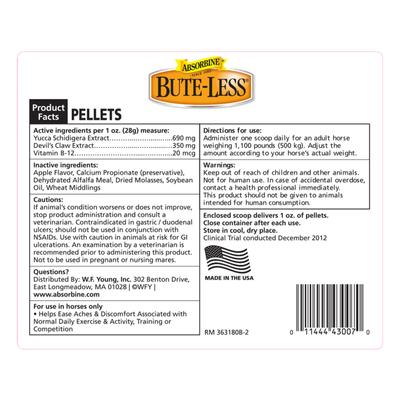 Show full view: Absorbine Bute-Less with Devil’s Claw, Vitamin B-12 & Yucca Comfort & Recovery Support Pellets Horse Supplement, 10-lb tub slide 2 of 7