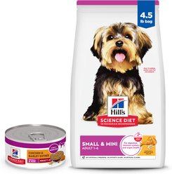 Hill's Science Diet Adult Small Paws Chicken Meal & Rice Recipe Dry Dog Food, 4.5-lb bag + Hill's Science Diet Adult Small Paws Chicken & Barley Entree Canned Dog Food, 5.8-oz, case of 24