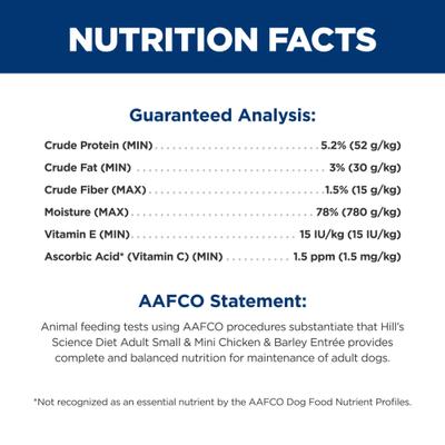 Show full view: Hill's Science Diet Adult Small Breed & Mini Breed Chicken & Barley Entree Wet Dog Food, 5.8-oz can, 24 count slide 7 of 13