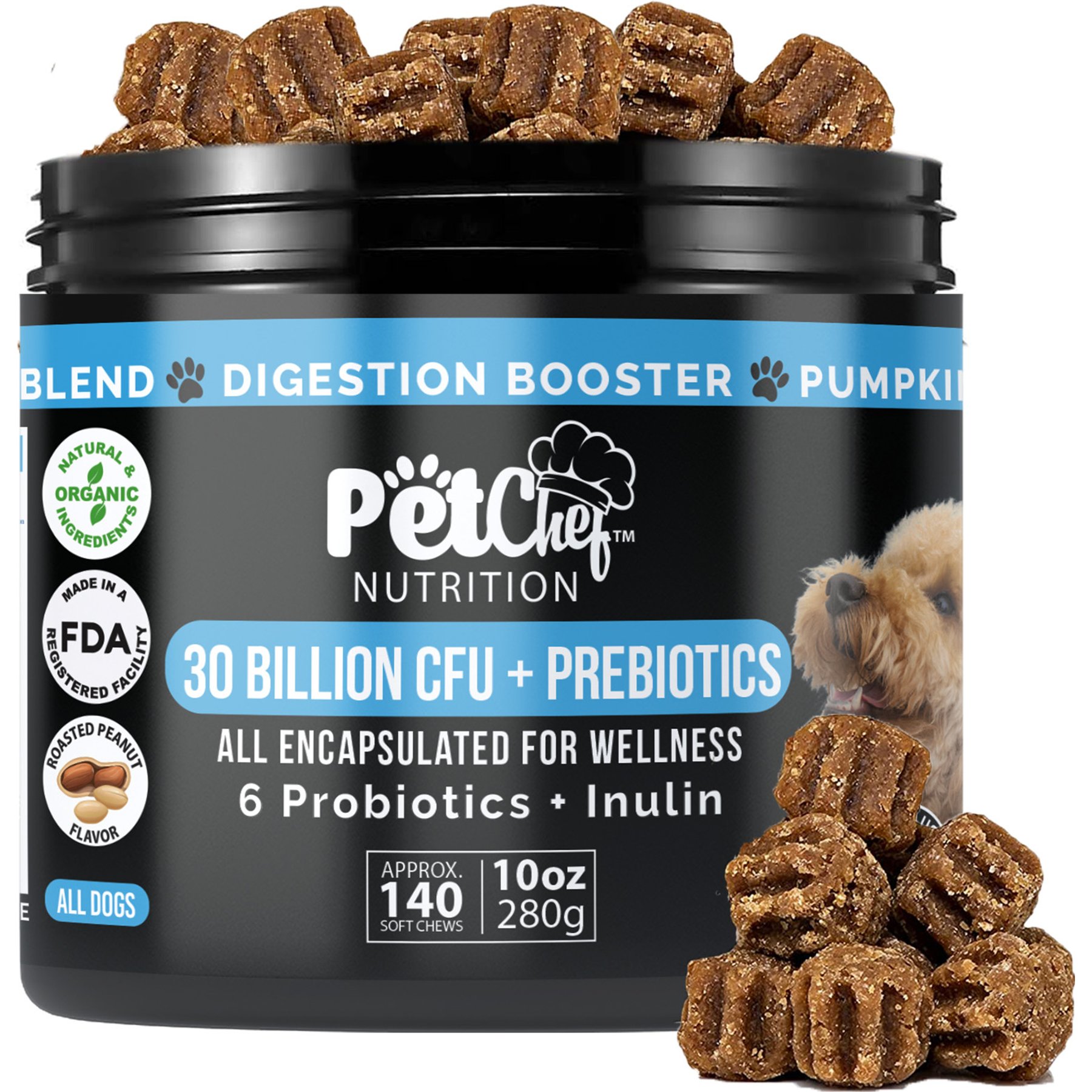 Pet Chef Cannine Probiotics & Prebiotics Peanut Butter Flavored Digestion Gut Health Supplement for Dogs, 10-oz jar