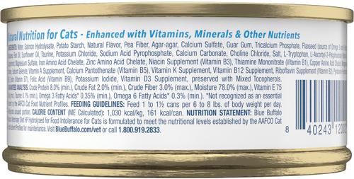 Show full view: Blue Buffalo Natural Veterinary Diet HF Hydrolyzed for Food Intolerance Salmon Wet Cat Food, 5.5-oz can, 24 count slide 3 of 12