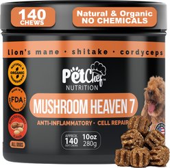 Pet Chef Premium 7 Mushrooms Blend Turkey Tail, Maitake, Lion's Mane & More Detox Roasted Peanut, Milk Thistle & Ginger Root Flavored Soft Chew Immune Support Supplement for Dogs, 10-oz jar, 140 count
