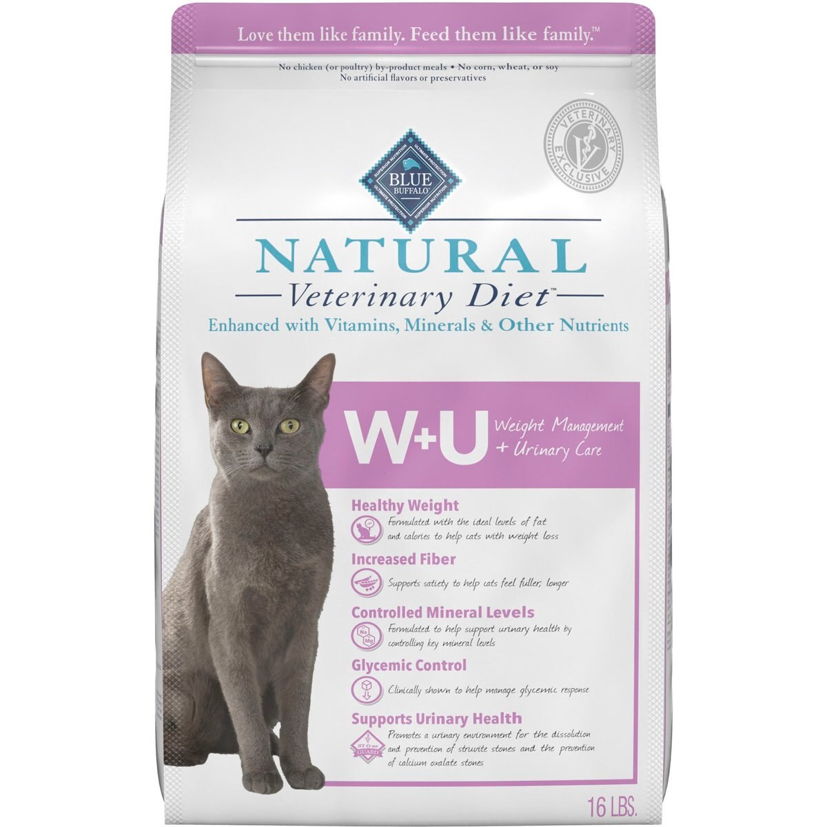 16-lb bag W+U Weight Management + Urinary Care Grain-Free Dry Cat Food Blue Buffalo Natural Veterinary Diet