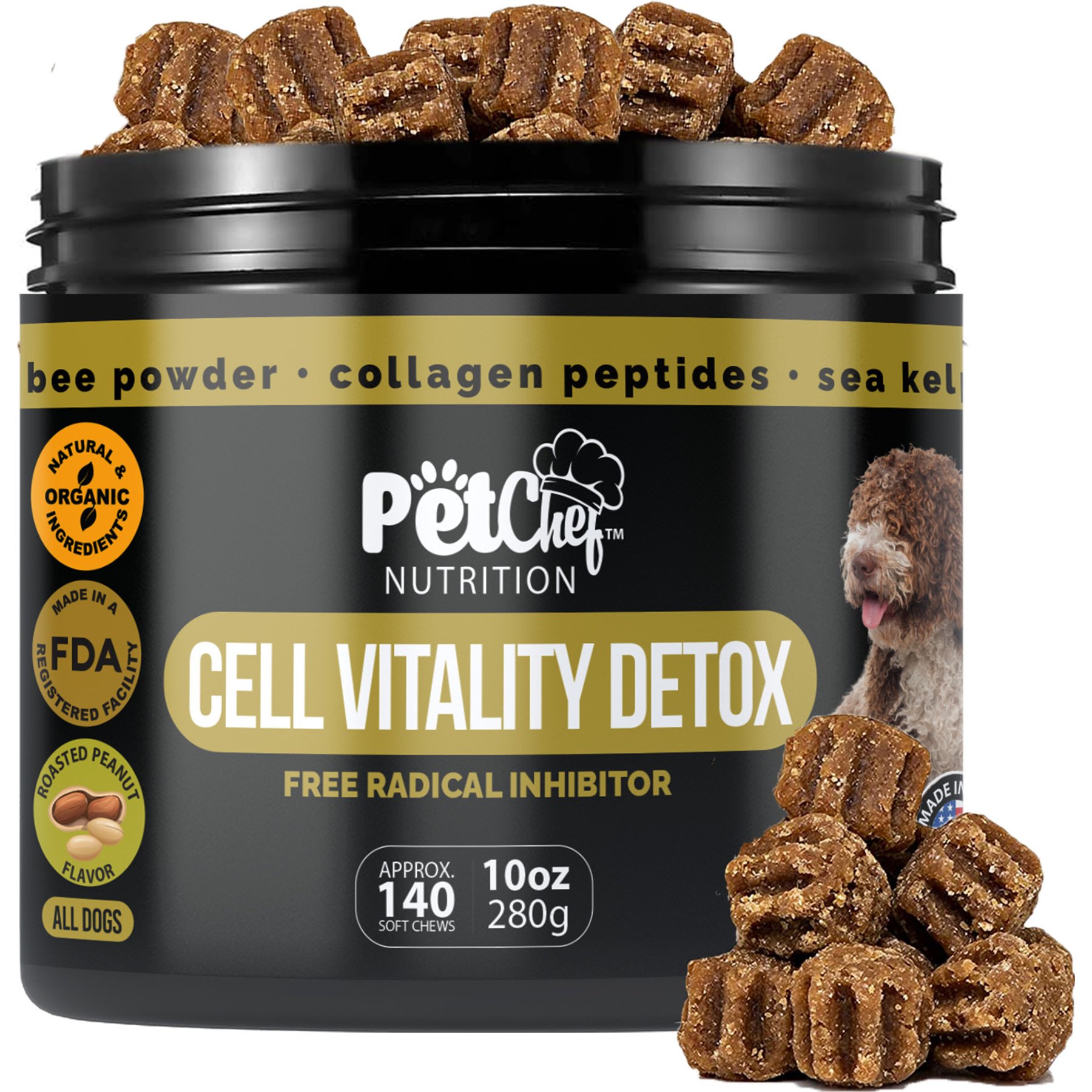 Pet Chef Organic Cell Vitality Detox Roasted Peanut Flavored Soft Chew Immune Support Supplement for Dogs, 10-oz jar, 140 count