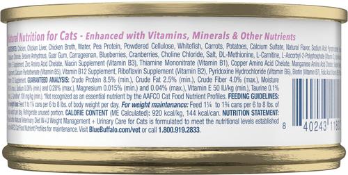 Show full view: Blue Buffalo Natural Veterinary Diet W+U Weight Management + Urinary Care Chicken Wet Cat Food, 5.5-oz can, 24 count slide 3 of 13