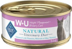 Blue Buffalo Natural Veterinary Diet W+U Weight Management + Urinary Care Chicken Wet Cat Food, 5.5-oz can, 24 count