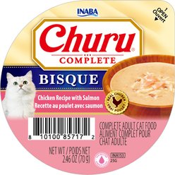 Inaba Churu Complete Chicken Recipe with Salmon Bisque Grain-Free, High Moisture Wet Cat Food, 2.46-oz cup, case of 16